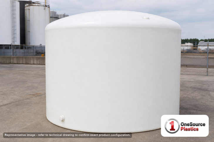4300 Gallon Plastic Vertical Liquid Storage Tank. Polyethylene; White; dimensions 104.0in H x 120.0in W x 120.0in L; 850.0 lb empty; 1.9 specific gravity rating. Manufacturer part number SII-7421100C26. Sold by OneSource Plastics (https://www.onesourceplastics.com).