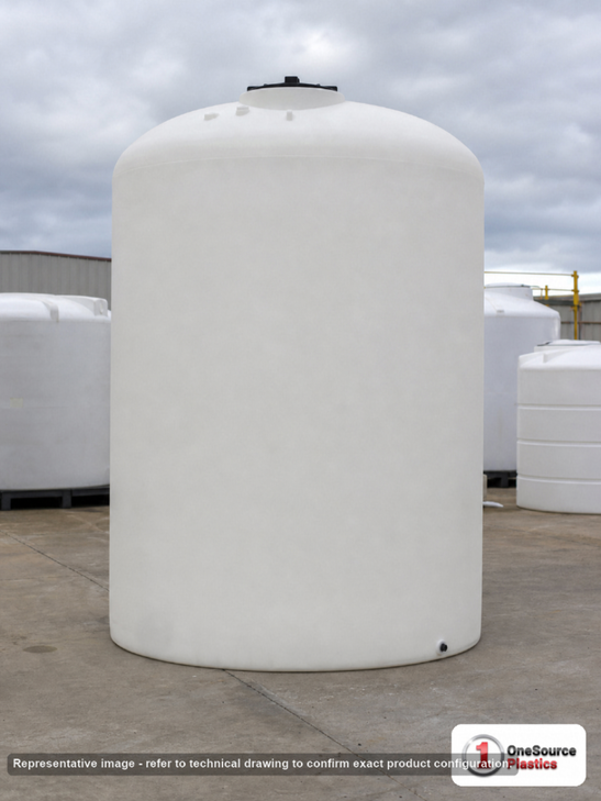 5000 Gallon Plastic Vertical Liquid Storage Tank. Polyethylene; White; dimensions 154.0in H x 102.0in W x 102.0in L; 1056.0 lb empty; 1.9 specific gravity rating. Manufacturer part number SII-1002100C26. Sold by OneSource Plastics (https://www.onesourceplastics.com).