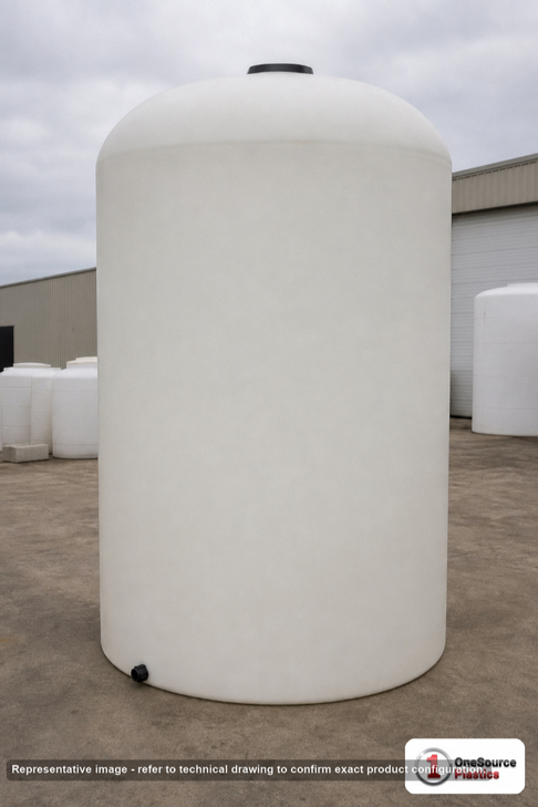 5000 Gallon Plastic Vertical Liquid Storage Tank. Polyethylene; White; dimensions 154.0in H x 102.0in W x 102.0in L; 950.0 lb empty; 1.9 specific gravity rating. Manufacturer part number SII-1002100C37. Sold by OneSource Plastics (https://www.onesourceplastics.com).