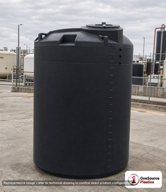 550 Gallon HDPE Vertical Liquid Storage Tank with ASTM Certification. Polyethylene; Black; dimensions 75.0in H x 48.0in W x 48.0in L; 200.0 lb empty; 1.9 specific gravity rating. Manufacturer part number SII-1800400N51. Sold by OneSource Plastics (https://www.onesourceplastics.com).