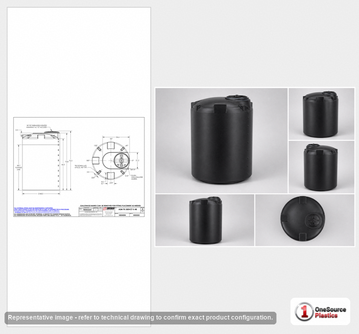 Dimensional spec drawing for Snyder Industries 550 Gallon Vertical Storage Tank (48" L x 48" W x 75" H)