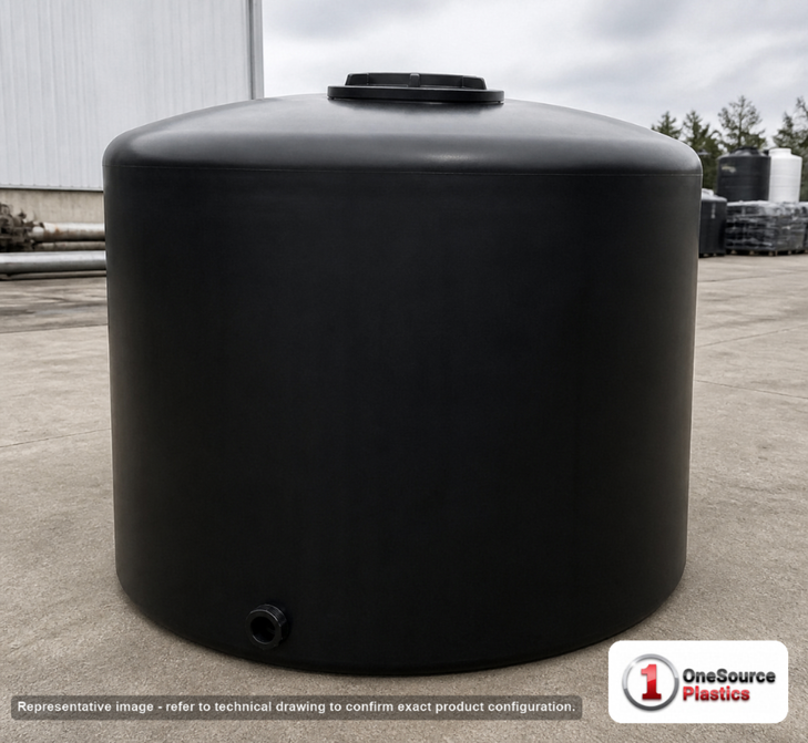 3000 Gallon Plastic Vertical Liquid Storage Tank in Black. High Density Linear Polyethylene; Black; 97" H x 102" W x 102" L.