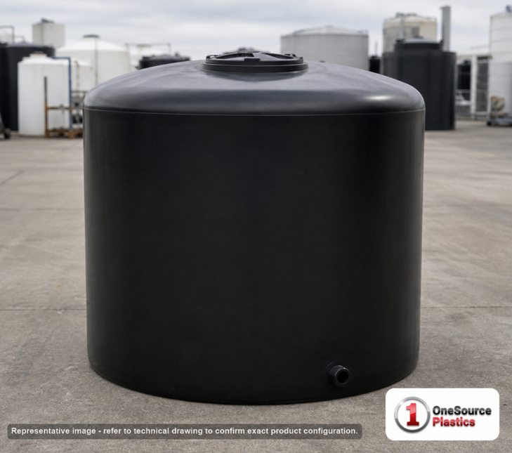 3000 Gallon Plastic Vertical Water Storage Tank in Black. High Density Linear Polyethylene; Black; dimensions 109.0in H x 96.0in W x 96.0in L; 382.0 lb empty; 1.0 specific gravity rating. Manufacturer part number SII-32567. Sold by OneSource Plastics (https://www.onesourceplastics.com).