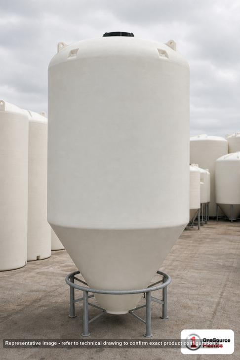 3900 Gallon 30 Degree Plastic Cone Bottom Tank in White. Polyethylene; White; dimensions 179.75in H x 90.0in W x 90.0in L; 900.0 lb empty; 1.5 specific gravity rating. Manufacturer part number SII-5440000N43. Sold by OneSource Plastics (https://www.onesourceplastics.com).