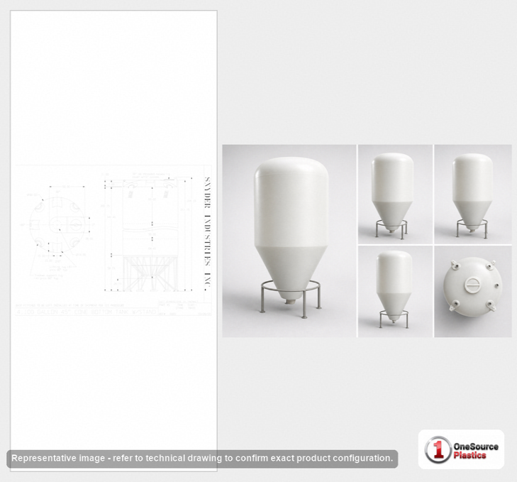 Dimensional spec drawing for Snyder Industries 4100 Gallon Cone Bottom Tank (90" L x 90" W x 198" H)