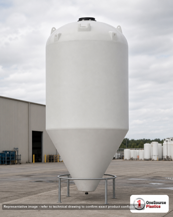 4100 Gallon 45 Degree Plastic Cone Bottom Tank in White. High Density Linear Polyethylene; White; 197.25" H x 90" W x 90" L.