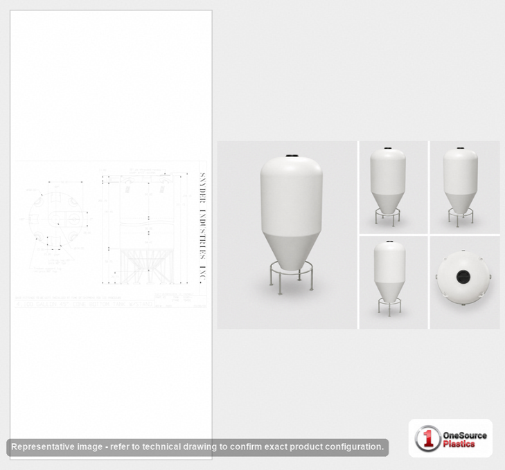 Dimensional spec drawing for Snyder Industries 4100 Gallon Cone Bottom Tank (90" L x 90" W x 197.25" H)
