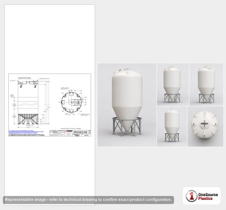 Dimensional spec drawing for Snyder Industries 4400 Gallon Cone Bottom Tank (90" L x 90" W x 200" H)