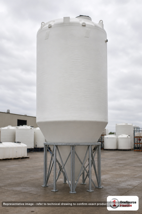 5500 Gallon 30 Degree Plastic Cone Bottom Tank. Polyethylene; White; dimensions 241.0in H x 90.0in W x 90.0in L; 2000.0 lb empty; 1.9 specific gravity rating. Manufacturer part number SII-7040000N45. Sold by OneSource Plastics (https://www.onesourceplastics.com).