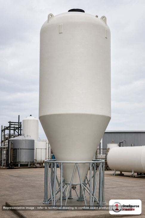 5500 Gallon 30 Degree Plastic Cone Bottom Tank in White. Polyethylene; White; dimensions 240.5in H x 90.0in W x 90.0in L; 1500.0 lb empty; 1.5 specific gravity rating. Manufacturer part number SII-7040000N43. Sold by OneSource Plastics (https://www.onesourceplastics.com).