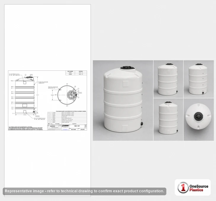 Dimensional spec drawing for Snyder Industries 1300 Gallon Vertical Storage Tank (60" L x 60" W x 114" H)