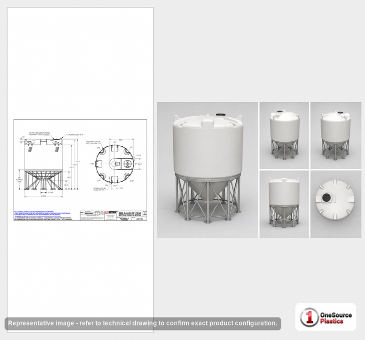 Dimensional spec drawing for Snyder Industries 2000 Gallon Cone Bottom Tank (90" L x 90" W x 101.75" H)