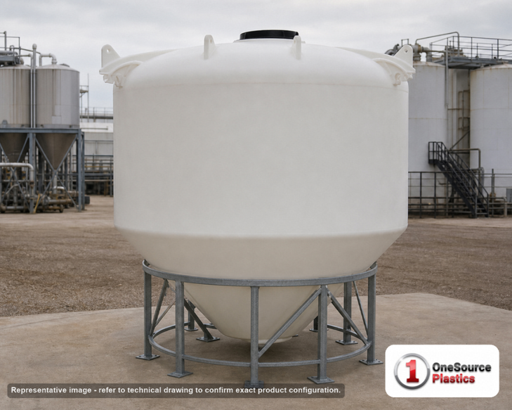 2000 Gallon 30 Degree Plastic Cone Bottom Tank in White. Polyethylene; White; dimensions 101.75in H x 90.0in W x 90.0in L; 325.0 lb empty; 1.5 specific gravity rating. Manufacturer part number SII-5070000N43. Sold by OneSource Plastics (https://www.onesourceplastics.com).