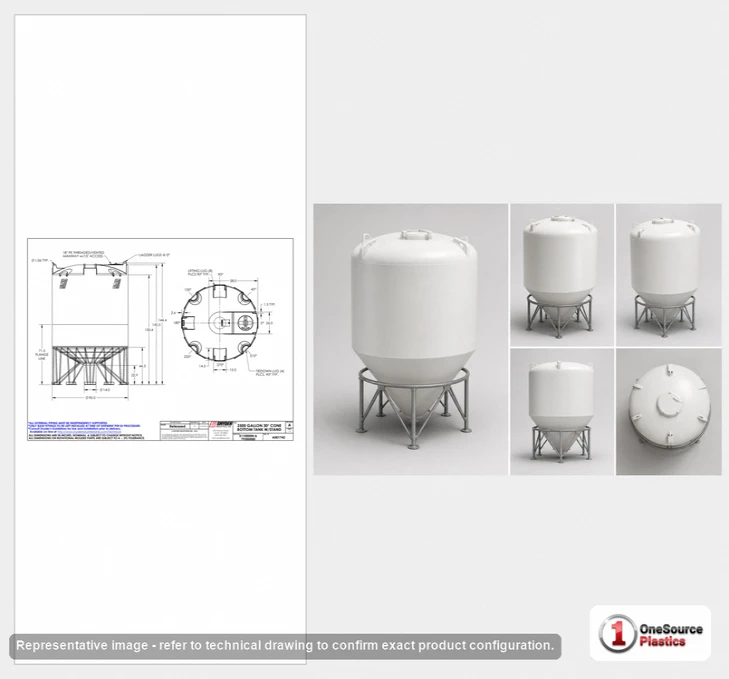 Dimensional spec drawing for Snyder Industries 2500 Gallon Cone Bottom Tank (90" L x 90" W x 125" H)