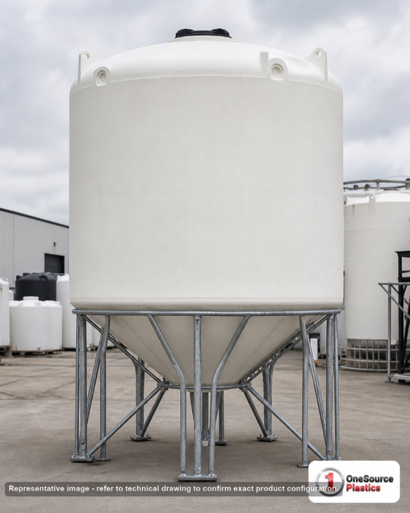 2500 Gallon 30 Degree Plastic Cone Bottom Tank. Polyethylene; White; 125" H x 90" W x 90" L.