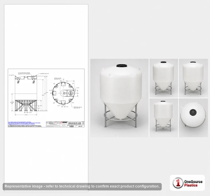 Dimensional spec drawing for Snyder Industries 2500 Gallon Cone Bottom Tank (90" L x 90" W x 125" H)
