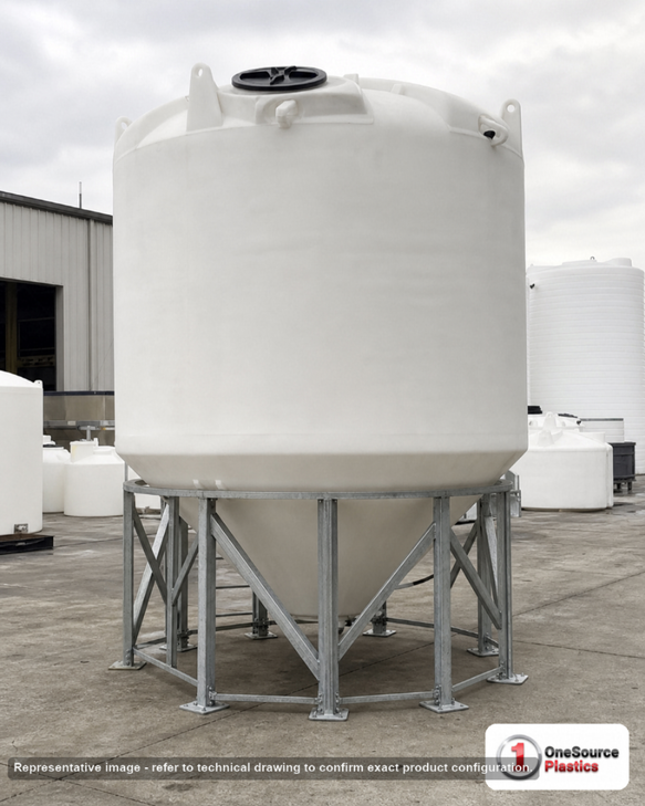 2500 Gallon 30 Degree Plastic Cone Bottom Tank. Polyethylene; White; dimensions 125.0in H x 90.0in W x 90.0in L; 400.0 lb empty; 1.9 specific gravity rating. Manufacturer part number SII-5110000N45. Sold by OneSource Plastics (https://www.onesourceplastics.com).
