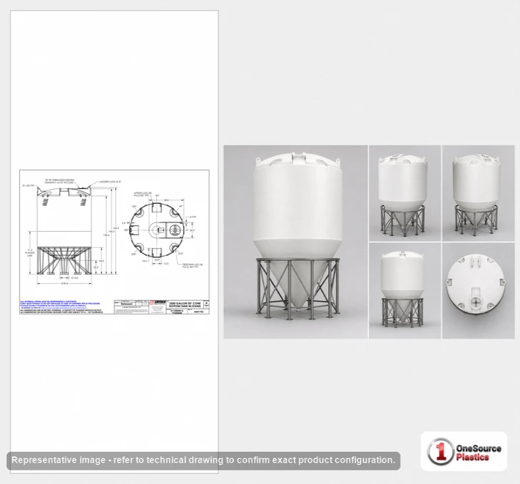 Dimensional spec drawing for Snyder Industries 2500 Gallon Cone Bottom Tank (90" L x 90" W x 125" H)
