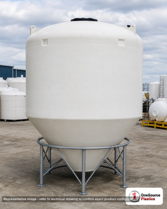 2600 Gallon 45 Degree Plastic Cone Bottom Tank. Polyethylene; White; 139" H x 90" W x 90" L.