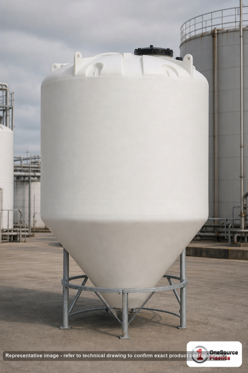 2600 Gallon 45 Degree Plastic Cone Bottom Tank. Polyethylene; White; dimensions 139.0in H x 90.0in W x 90.0in L; 570.0 lb empty; 1.9 specific gravity rating. Manufacturer part number SII-5100000N45. Sold by OneSource Plastics (https://www.onesourceplastics.com).