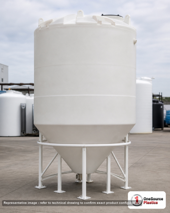 3000 Gallon 30 Degree HDPE Cone Bottom Tank in White. Polyethylene; White; dimensions 144.0in H x 90.0in W x 90.0in L; 670.0 lb empty; 1.9 specific gravity rating. Manufacturer part number SII-5150000N45. Sold by OneSource Plastics (https://www.onesourceplastics.com).