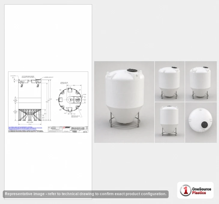Dimensional spec drawing for Snyder Industries 3000 Gallon Cone Bottom Tank (90" L x 90" W x 144" H)