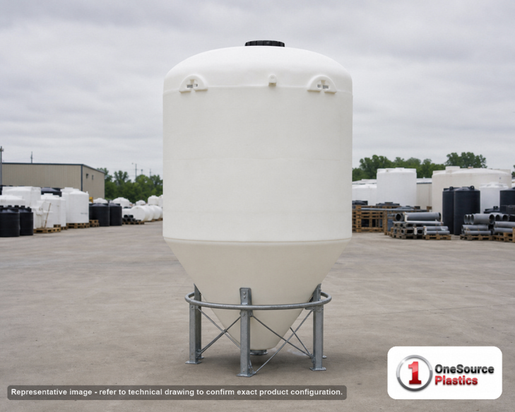 3000 Gallon 30 Degree Plastic Cone Bottom Tank in White. Polyethylene; White; dimensions 144.0in H x 90.0in W x 90.0in L; 500.0 lb empty; 1.5 specific gravity rating. Manufacturer part number SII-5150000N43. Sold by OneSource Plastics (https://www.onesourceplastics.com).