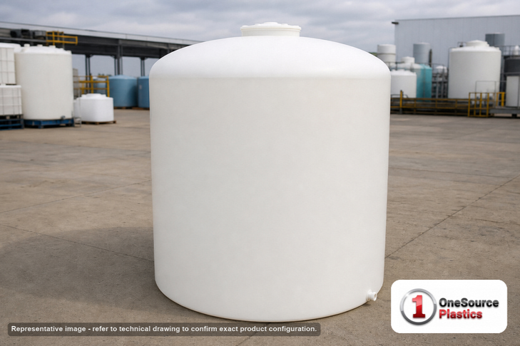 3000 Gallon HDPE Vertical Liquid Storage Tank in White. High Density Linear Polyethylene; White; dimensions 109.0in H x 96.0in W x 96.0in L; 654.0 lb empty; 1.9 specific gravity rating. Manufacturer part number SII-32273. Sold by OneSource Plastics (https://www.onesourceplastics.com).