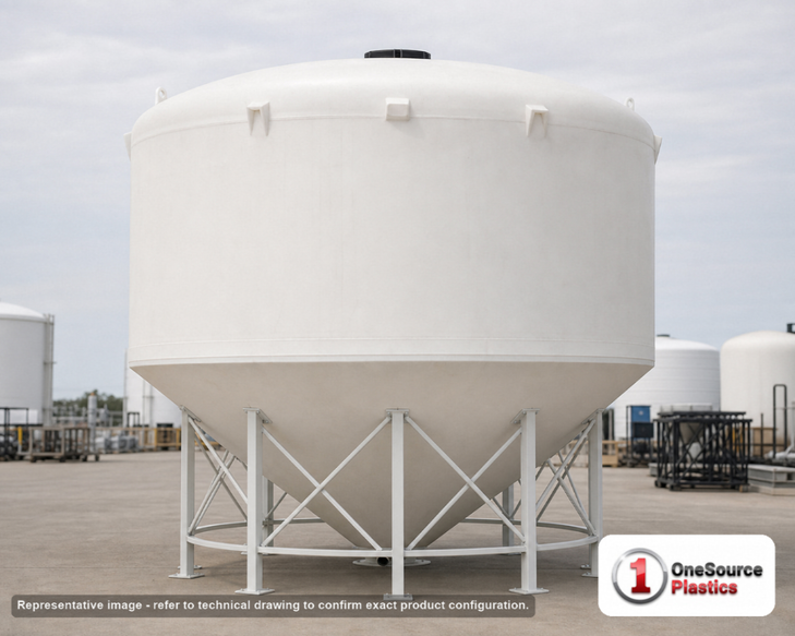 6000 Gallon 30 Degree Plastic Cone Bottom Tank in White. Polyethylene; White; 136" H x 142" W x 142" L.