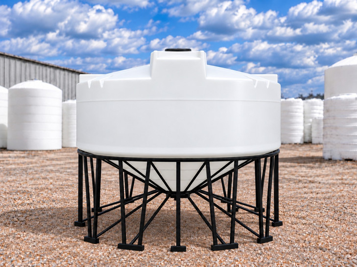 Snyder 6000 Gallon White 1.5 SG HDPE 30 Degree Cone Bottom Tank, 142 in dia, shown on steel stand (sold separately)