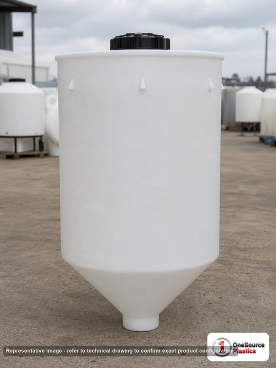 15 Gallon HDLPE Cone Bottom Tank with Sump. 15.0 gallon capacity; Polyethylene; White; dimensions 36.0in H x 17.0in W x 17.0in L; 51.0 lb empty; 1.9 specific gravity rating; fittings: 1 Manway / Lid; max temp 100 deg  F / 37 deg  C. Manufacturer part number 1520000n45. Sold by OneSource Plastics (https://www.onesourceplastics.com).