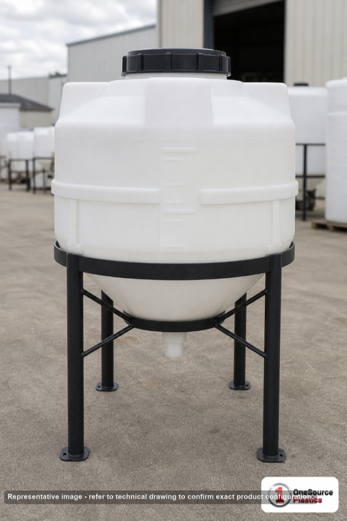 35 Gallon 30 Degree HDPE Cone Bottom Tank in White. 35.0 gallon capacity; High Density Linear Polyethylene; White; dimensions 29.5in H x 30.25in W x 30.0in L; 14.0 lb empty; 1.9 specific gravity rating; fittings: 1 Manway / Lid; max temp 100 deg  F / 37 deg  C. Manufacturer part number 1580000n45. Sold by OneSource Plastics (https://www.onesourceplastics.com).