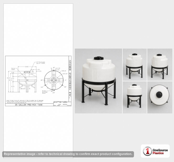 Dimensional spec drawing for Snyder Industries 35 Gallon Cone Bottom Tank (30" L x 30.25" W x 29.5" H)