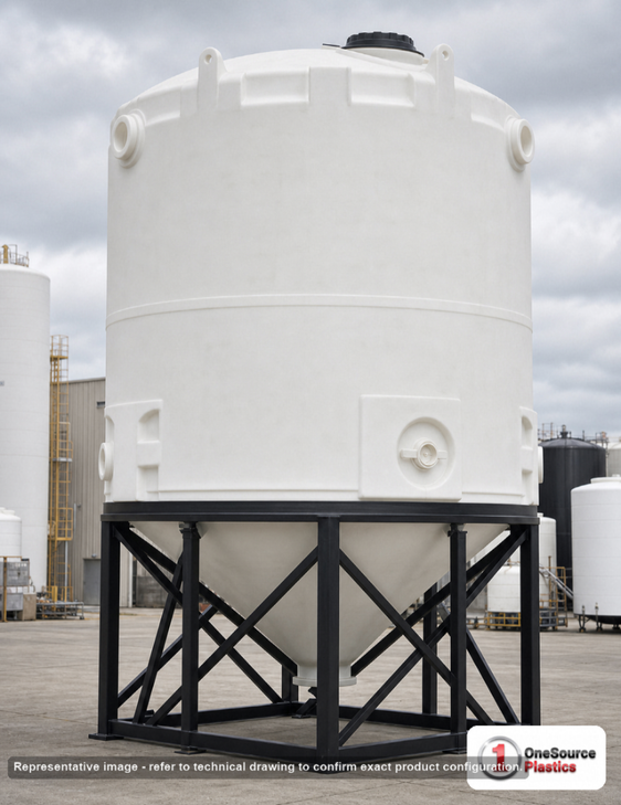 4100 Gallon 45 Degree Plastic Vertical Cone Bottom Tank. 4100.0 gallon capacity; High Density Linear Polyethylene; White; dimensions 197.0in H x 90.0in W x 90.0in L; 1000.0 lb empty; 1.5 specific gravity rating; fittings: 1 Manway / Lid; max temp 100 deg  F / 37 deg  C. Manufacturer part number 5180000n49. Sold by OneSource Plastics (https://www.onesourceplastics.com).