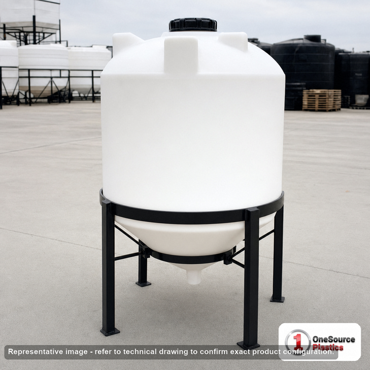 65 Gallon 30 Degree HDPE Cone Bottom Tank in White. 65.0 gallon capacity; High Density Linear Polyethylene; White; dimensions 37.0in H x 30.25in W x 30.0in L; 23.0 lb empty; 1.9 specific gravity rating; fittings: 1 Manway / Lid; max temp 100 deg  F / 37 deg  C. Manufacturer part number 1560000n45. Sold by OneSource Plastics (https://www.onesourceplastics.com).