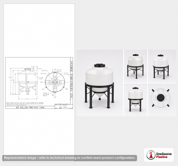 Dimensional spec drawing for Snyder Industries 65 Gallon Cone Bottom Tank (30" L x 30.25" W x 37" H)