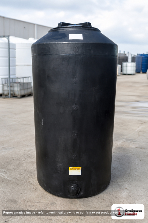 175 Gallon Plastic Water Storage Tank. Polyethylene; Black; dimensions 64.0in H x 30.0in W x 30.0in L; 48.0 lb empty; 1.1 specific gravity rating. Manufacturer part number N-41474. Sold by OneSource Plastics (https://www.onesourceplastics.com).