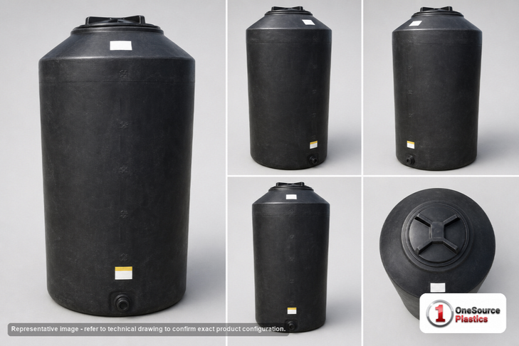 Dimensional spec drawing for Norwesco 175 Gallon Vertical Water Tank (30" L x 30" W x 64" H)