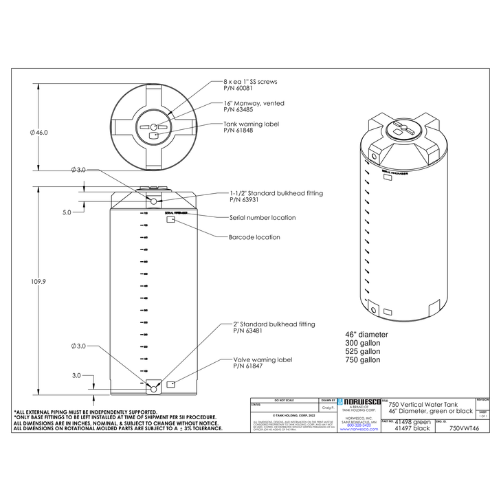 750 Gallon Plastic Water Storage Tank