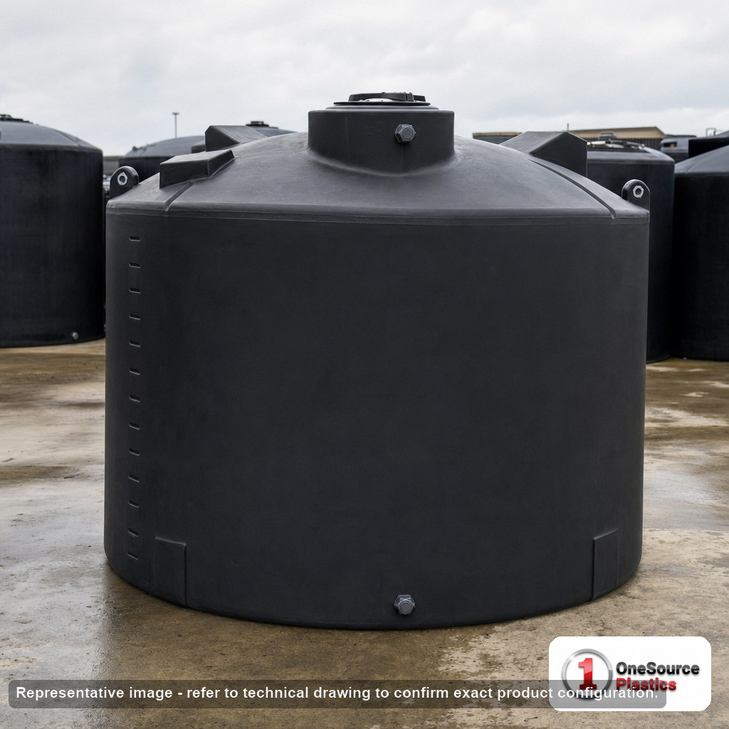 2000 Gallon Plastic Water Storage Tank - Black (93" x 80"). Polyethylene; Black; dimensions 80.0in H x 93.0in W x 93.0in L; 330.0 lb empty; 1.1 specific gravity rating. Manufacturer part number N-41514. Sold by OneSource Plastics (https://www.onesourceplastics.com).