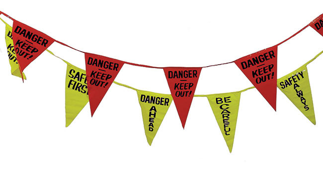 Cortina Pennant Flag Vinyl, 60 feet, Red & Yellow w/alternating legends: "Danger Keep Out" "Safety First"