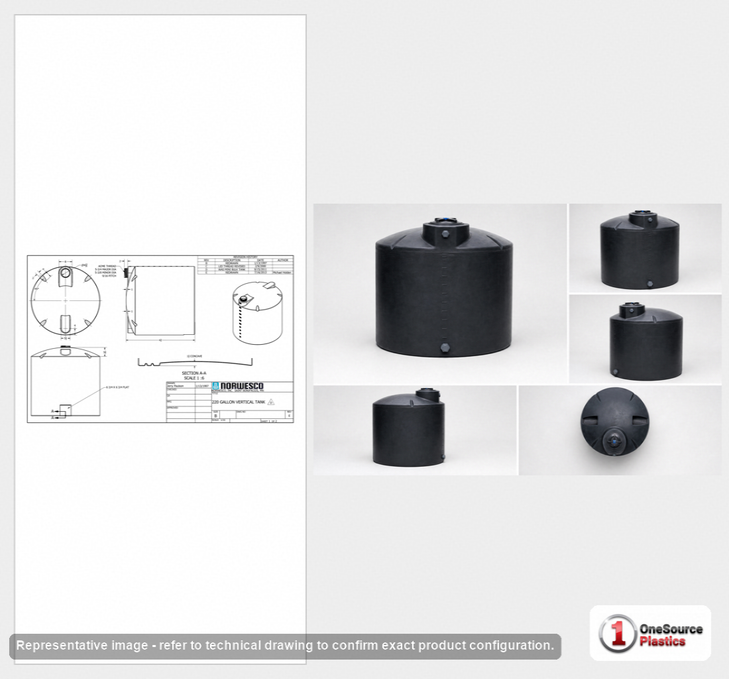 Dimensional spec drawing for Norwesco 220 Gallon Vertical Water Tank