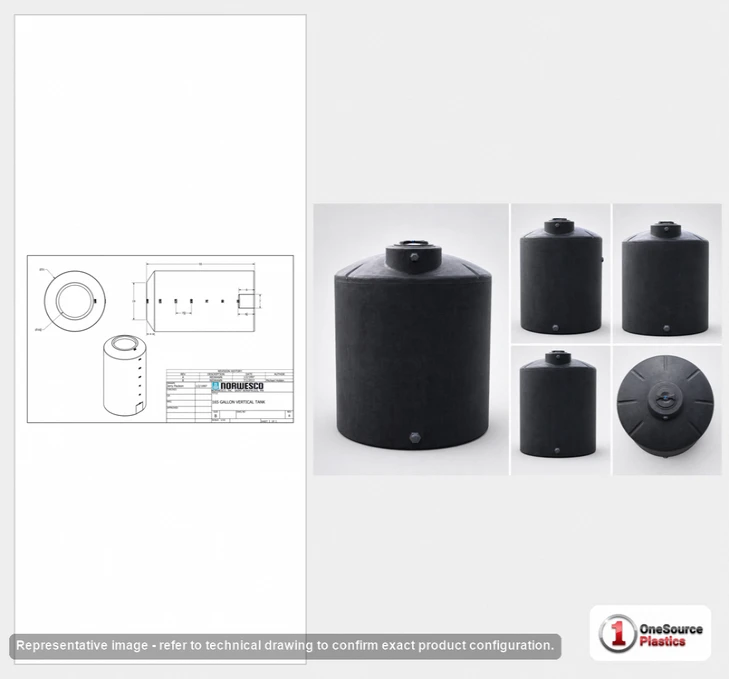 Dimensional spec drawing for Norwesco 165 Gallon Vertical Water Tank
