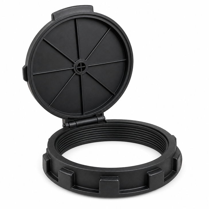 16" Non-Vented Hinged Threaded Tank Manway - black, polypropylene