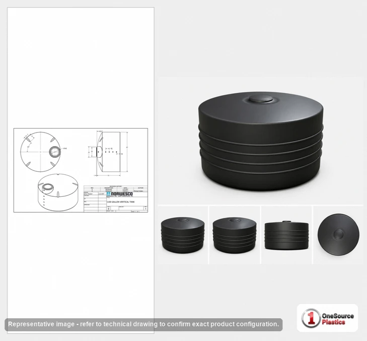 Dimensional spec drawing for Norwesco 1100 Gallon Vertical Water Tank