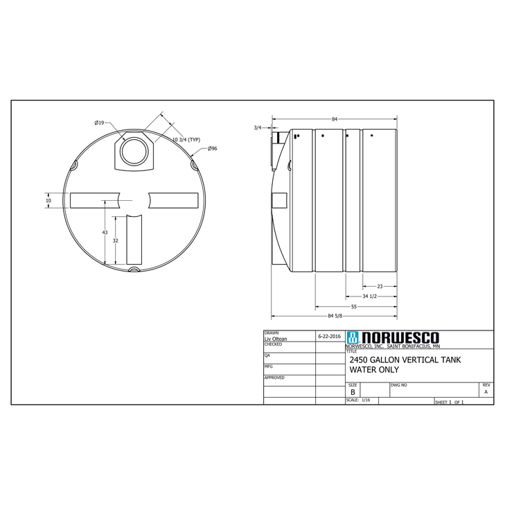 2450 Gallon Plastic Water Storage Tank