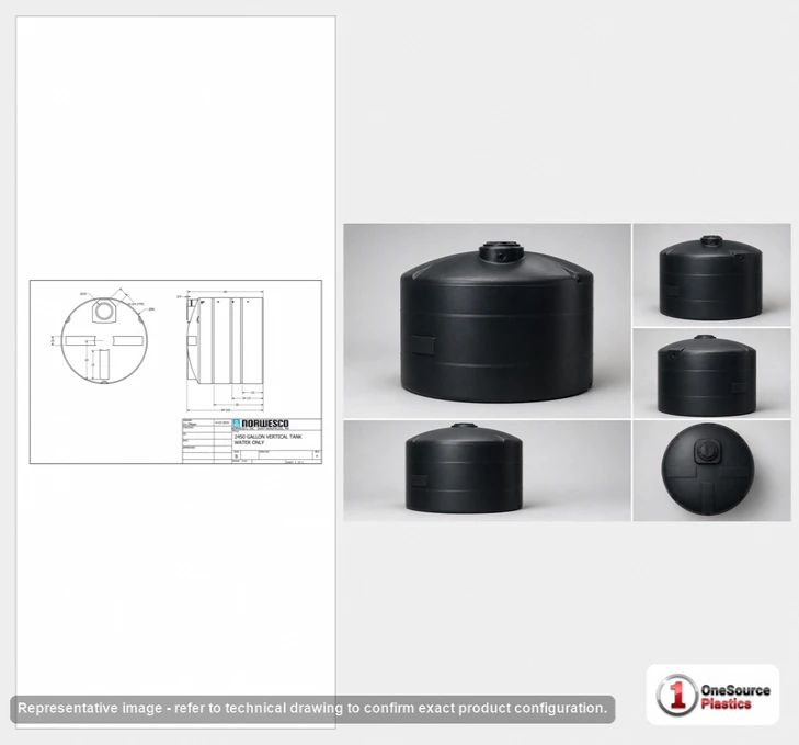 Dimensional spec drawing for Norwesco 2450 Gallon Vertical Water Tank