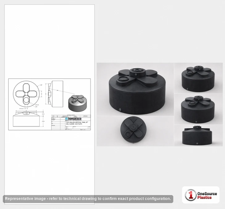 Dimensional spec drawing for Norwesco 1075 Gallon Vertical Water Tank