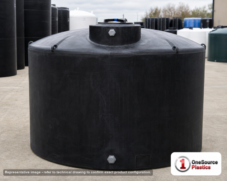 1000 Gallon Plastic Water Storage Tank - Black (72" x 66"). . Manufacturer part number N-44113. Sold by OneSource Plastics (https://www.onesourceplastics.com).