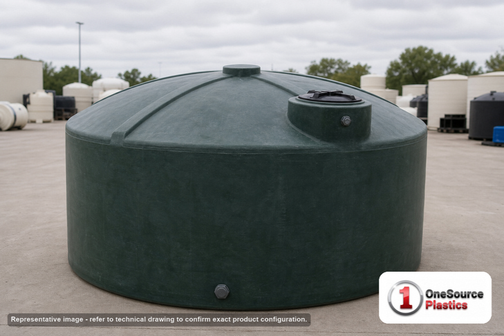 6600 Gallon Plastic Water Storage Tank. Polyethylene; Green; 101" H x 144" W x 144" L. Manufacturer part number N-44119.
